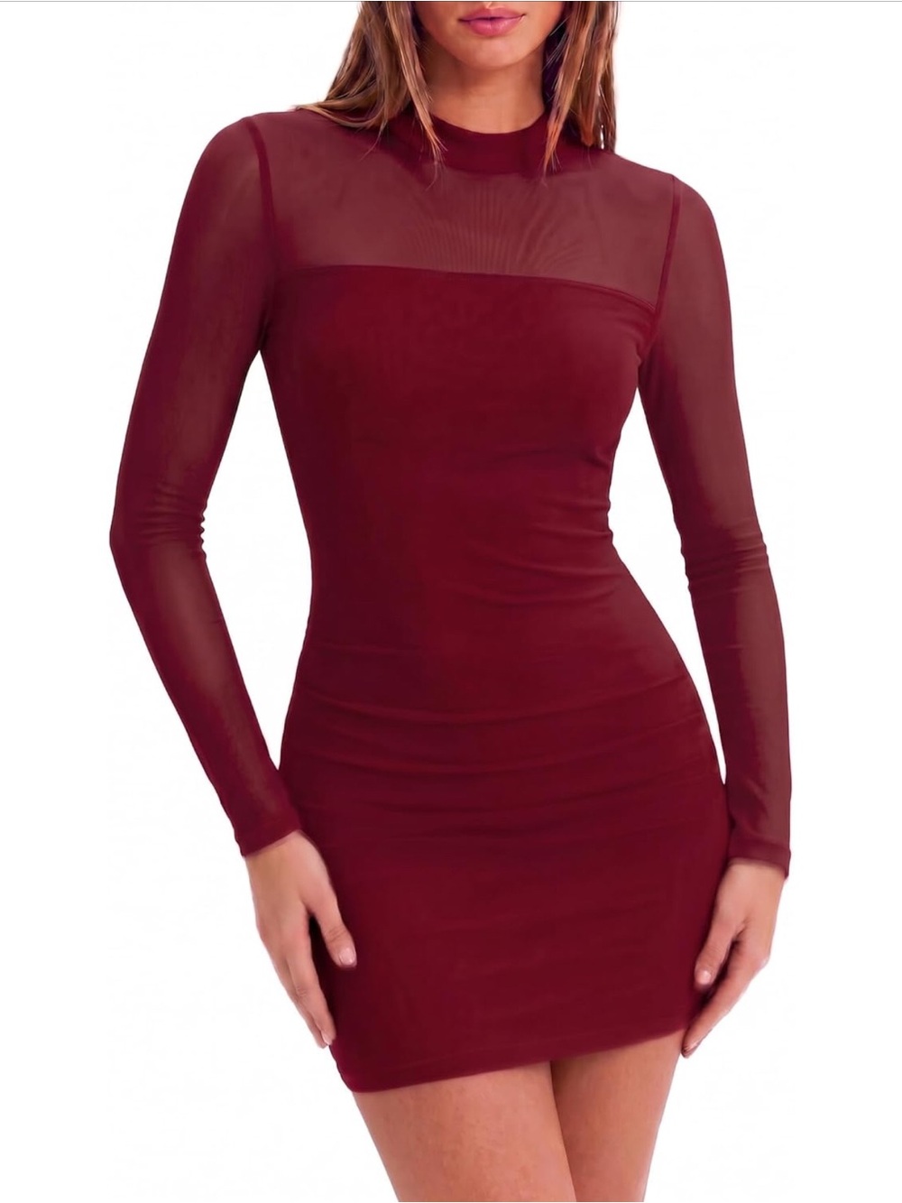 Long Sleeve Sheer Yoke Bodycon Dress - Wine